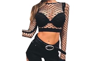 GUOCU Femme Sexy Manche Longue Crop Top Resille Haut Court Noir Coupe Slim Club de Nuit Grande Taille Hollow Out T-Shirt Babydoll Bikini
