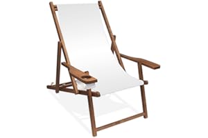 PROMO TRADE Holz-Liegestuhl mit Armlehne und Getränkehalter, Klappbar, mit dunkelbrauner Lasur, Wechselbezug (Weiß)