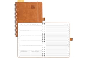 POPRUN 2025 Diary A5 Week to View Spiral Bound PU Leather Soft Cover 22 x 16.5 cm - 24/25 Mid Year Weekly Appointment Planner & Notebook in One, Monthly Tab (Brown)