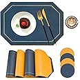 KITERI Placemats and Coaster Set, 4 Set PU Leather Table Mats and Coasters Dual-Sided Dinner Table Mats Blue Non Slip Place Mats Waterproof Yellow Dinner Mats for Home Kitchen, 43x30cm