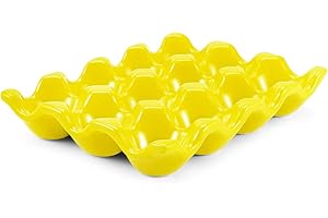 Flexzion Vassoio di Ceramica per 12 Uova - Portauova in Porcellana Uova Sode per Frigorifero Frigo Pasqua Piatto di Servizio Decorazioni Tavola Centrotavola Bancone Esposizione Cucina Casa (Giallo)