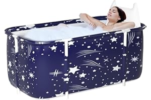 SINBIDE Bañera Plegable para Adultos y Niños Bañera Familiar Portatil con Soporte de Aleación Engrosado y 2 Tubos de Drenaje, 132x68x47CM (Azul)