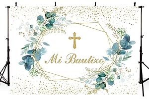 AIBIIN Mi Bautizo telón de Fondo de 7 x 5 pies,Dios Bendiga Hojas de eucalipto Verde y Dorado,Fondo de fotografía,Primera comunión Bautizo,Fiesta de cumpleaños,Baby Shower,Pastel,Mesa de Estudio