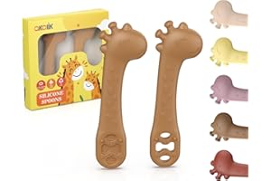 akolik PreCucharas Para Bebes, 2 Piezas de Cuchara Bebe Aprendizaje Cuchara Baby de Silicona Sin BPA, Munchkin Cubiertos Infantiles Jirafas Mordedor para bebés y niños pequeños a partir de 4 meses