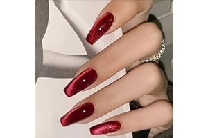 GlamRays 30 Piezas de Ojos de Gato Rojo Prensa sobre uñas cuadradas Medianas largas con diseños de Joyas Cobertura Completa prensones uñas postizas Gel manicura Brillo