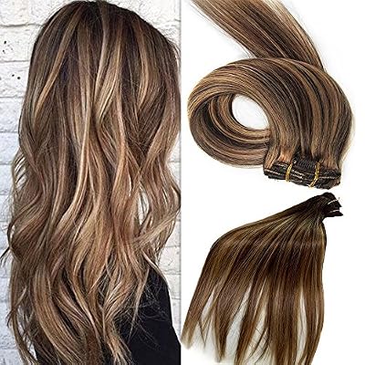 MagischesHaar Set Clip en Extensions de cheveux 100% cheveux naturels extension de cheveux remy 7 partie de cheveux en 38,45,50 ou 55 cm longueur des cheveux (38cm, No.4 / 27 Brun moyen à miel blond)