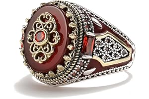 YAHOYA Joyería de Moda Vintage Patrón Tallado Rojo Zircón Piedra Anillos de Hombre Retro Hecho a Mano Plata Color Anillos de Hombre