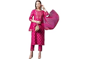 GoSriKi Damen Kurta aus Baumwollmischgewebe, bedruckt, gerade, mit Hose und Dupatta