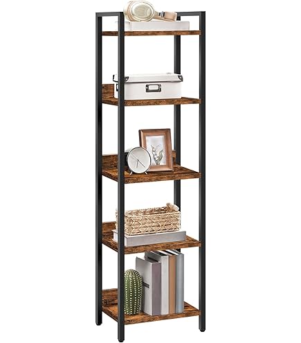 MAHANCRIS Boekenplank, Staande plank, Vrijstaande plank, met 6 planken, 24 x 33 x 131 cm, Open planken voor woonkamer, slaapkamer, kantoor, met metalen frame, Rustiek bruin en zwart ABKHR5501N1