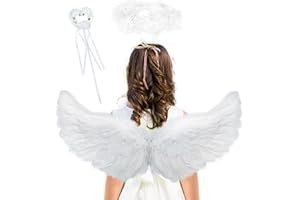 DAOUZL Engelsflügel, Engel Flügel Kostüm mit Heiligenschein und Zauberstab, Engel Kostüme Federn, Weisse Flügel, Weiße Flügel Mädchen,Engel Flügel Kinder für Halloween Karneval Cosplay Party