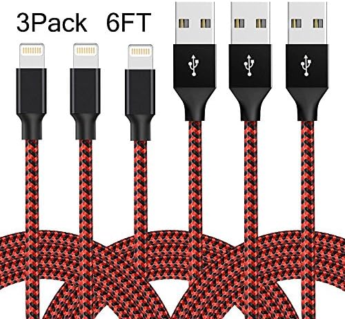 Lightning Cable, 3Pack 2m/6ft Extra Long Nylon Braided Apple iPhone Charger Cable Charging Lead Cord USB Wire for iPhone 7/7 Plus/6S Plus/6 Plus/5/5S/5C/SE,iPad Pro/Air/mini,iPod (Black Red)