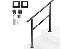 VEVOR Outdoor Handrails for Steps, 2-3 Step Stair Rail Kit, Black Square Tube with Horizontal Bar, Carbon Steel Support Rails for Seniors, Concrete & Deck Stairs, Easy Installation