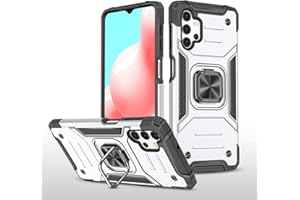 GOGME Funda para Samsung Galaxy A32 5G Delgado Rubber Caso, Estuche con 360 Anillo Soporte Coche Magnético Hard PC + Silicona TPU Bumper Híbrida Rugged Antigolpes Carcasa, Plata