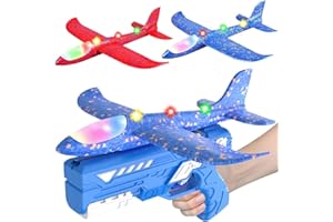 HATFRYF Airplane Launcher Toys, 2 Pack LED Throwing Glider Plane, Catapult Aeroplane Toy with Gun, 2 Flight Modes Outdoor Sport Flying Toys for Kids Age 3 4 5 6 7 8 9 Year Old Boys Fun Birthday Gifts