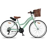 Retro Classic 26 Jant Bisiklet, Shimano 21 Vites, Hasır Sepetli Vintage Şehir Bisikleti, Mint Yeşili