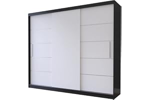 Fabryka Mebli Idźczak Schwebetürenschrank Alba 250, Schiebetürenschrank, Kleiderschrank mit Kleiderstange und Einlegeboden, Schlafzimmerschrank, Schiebetüren, Modern Design (Schwarz/Weiß)