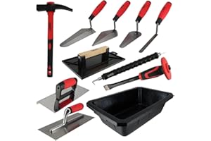 OXEO Kit 11 outils maçonnerie - 4 truelles - Taloche - platoir - Auge 10L - Fer à bordure - Torsadeuse fil de fer - Marteau - Burin