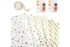 KISPATTI Juego papel regalo oro blanco, 6 hojas papel regalo oro blanco 2 hojas pegatinas 1 rollo cinta oro para Navidad cumpleaños baby shower boda