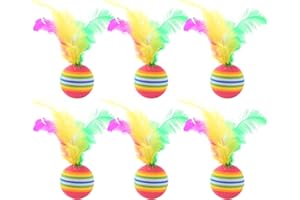 NAUZE 6Pieces Cat Toys Balls with Feather Pet Interactive Kitten Toys Bouncy Balls with Feathers Rainbow Cat Balls Toy for Indoor Outdoor Playing Training
