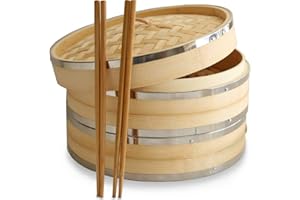 10 Inch (25.4cm) Premium Organic Bamboo Steamer by Harcas. Large 2 Tiers with Lid. Strong, Durable. Best for Dim Sum, Vegetables, Meat and Fish. Hand Made. Chopsticks Included
