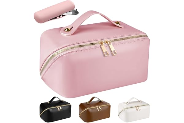 Grande Trousse de Toilette Femme Voyage Capacité,Pochette Trousse Maquillage Voyage XXL en Cuir PU,Makeup Bag Organizer Trousse Rangement Maquillage pour Femmes Fille(Lisse-Rose)