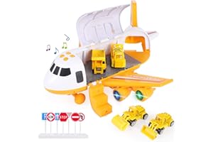 SHANNA Flugzeug Spielset - Flieger Kinder Trägheitsrad mit Fahrzeugen Lernspielzeug Set, 1 großes Flugzeug, 4 legierte Autos für Kleinkinder ab 3 Jahren (Baufahrzeuge - Gelb)