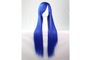 CHIGUO Perruques pour Femmes Cosplay Longue Raides Synthétique Blonde Rouge Noir Blanc Brown Cheveux pour Halloween,Concerts,Mariages,Datant, Noël + Free Bonnet Perruque + Epingle à Cheveux (Bleu)
