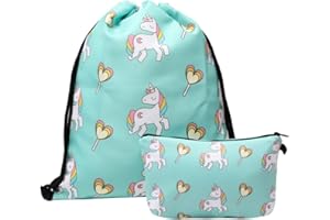 VALICLUD Mochila Impermeable con Cordón de Unicornio con Bolsa de Cosméticos Bolsa de Gimnasio de Viaje Estampada Monedero para Mujeres Y Niñas