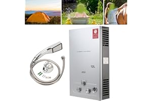 ECUTEE 12L 24KW Flüssiggas Durchlauferhitzer LPG Warmwasserbereiter, Tankless Instant Heißwasserbereiter mit Galvanisierter Duschkopf und Duschschlauch, für Outdoor-Camping-Baden und RV-Dusche, Silber