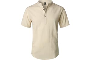 LucMatton Men's Casual Cotton Linen Short Sleeve Henley Shirt Summer Lightweight Banded Collar Beach Tops