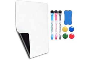 DBOO A4 Magnetic Dry Erase Whiteboard Sheet Magnetic Dry Wipe Board with 3 Whiteboard Pens, 1 Magnetic Eraser and 4 Fridge Magnets for Memos, Notes, Lists and Menus in Home Kitchen Office
