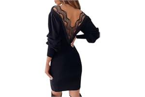 Onsoyours Robes Femmes Élégantes À Manches Longues Sexy Dos Nu Dentelle Robe Patchwork Décontractée Robe De Soirée Couleur Unie Mini Robe De Clubbing Cocktail