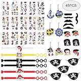 1.Das Piraten Set enthält 45 Stück. Es besteht aus 6 Schlüsselring，6 Armband，6 Ringe， 6 Augenblende，6 falscher Bart，15 Aufkleber. Stil zufällig, nicht auswählbar.