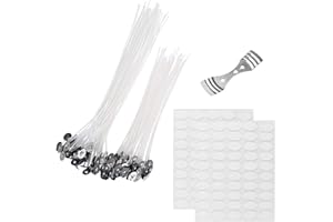 YAMYO 201pcs Candle Making Kit - 50PCs 20cm and 50PCs 15cm Pre-Waxed Candle Wicks with 100 Pieces Double-Sided Dots Wick Stickers and 1 Piece Wick Holder Sustainer for DIY Candles