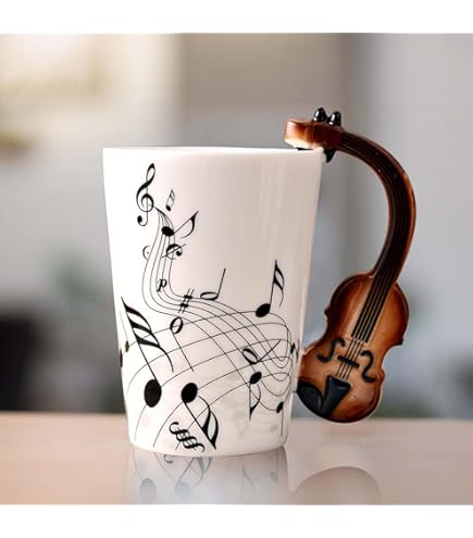 MBSM 8,5 oz Creatieve Muziek Mok Viool Stijl Gitaar Keramische Mok Koffie Thee Melk Stave Cups met Handvat Koffiemokken Nieuwigheid Geschenken (Houten Gitaar