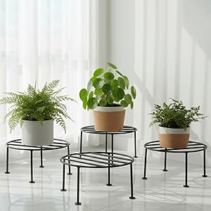 ORILEY 4 Pcs Round Plant Stand Galvanised Metal Flower Pot Holder Rust Resistant Gamla Support Corner Rack Outdoor Display Shelf for Home Garden Balcony Decoration (Black)