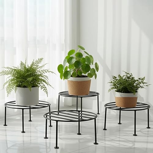ORILEY 4 Pcs Round Plant Stand Galvanised Metal Flower Pot Holder Rust Resistant Gamla Support Corner Rack Outdoor Display Shelf for Home Garden Balcony Decoration (Black)