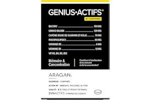 Geniusactifs - Mémoire & Concentration - Ginkgo Biloba, Vitamines, Cafeine, Guarana & Vitamines - 30 comprimés - Aragan - 15 Jours De Prise