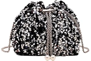 DiiWmme Bucket Bag for Women Sparkly Black Clutch Bag with Drawstring Detachable Chain Strap Elegant Shoulder Handbag Crossbag for Wedding Party Evening Bag for Girls Ladies