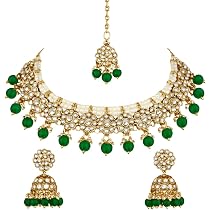 Gold Plated Kundan Pearl Choker Necklace Set For Women - Handmade Jewelry With Earrings & Maang Tikka, Traditional Indian Design (K7266) - View #3
