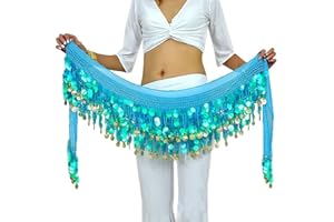 Rubruan Bauchtanz Hüfttuch Taillenkette Gürtel – Professionelles Tanzkostüm Sexy Tanzkleid Rock Outfit Zubehör mit 88 Münzen Pailletten Hüftschal für Damen Mädchen Doppellagig – 160 cm