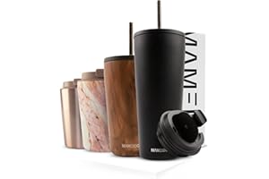 MAMEIDO Kubek termiczny 470 ml i 700 ml, z pokrywką i słomką ze stali nierdzewnej, podwójne ścianki, izolowany, zabezpieczony przed wyciekiem, do kawy (bogata czerń, 700 ml)