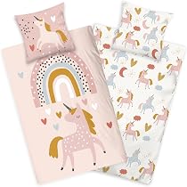 Aminata kids Biancheria da letto per bambini, 135 x 200 cm, motivo unicorno, in cotone, con chiusura lampo, set di biancheria da letto per bambini, adolescenti, biancheria da letto con unicorno, rosa