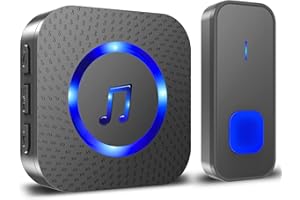 Sonnette sans Fil, 400M Sonnette de Porte IP55 Étanche Carillon Electronique, Kit de Carillon avec Récepteurs Enfichables pour la Maison, 55 Mélodies au 5 Niveaux Volumes, LED Bleu Noir