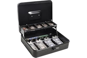 Geldkassette mit Geldablage und Zahlenschloss, Parrency Große Spardose, 5 Fächer für Cions & 4 federbelastete Clips für Rechnungen, 11 4/5" x 9 2/5" x 3 1/2", Schwarz