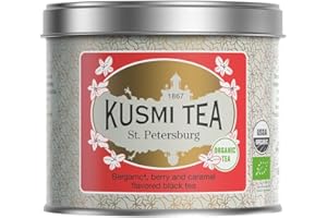 Kusmi Tea - St. Petersburg Bio - Tè Nero Earl Grey Biologico - Miscela di tè Nero con Bacche Rosse, Caramello, Vaniglia e Bergamotto - Tè in Foglie Sfuse - Scatola da 100g, per circa 50 tazze