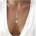 Dervivea Bohemia Layered Necklace Choker Vertical Bar Pendant Necklace Multi layer Bar Disc Necklace Gold Long Necklace Chain Jewelry for Women and Girls