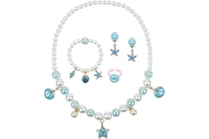 OSDUE Biżuteria dla dzieci, zestaw biżuterii z syrenką, mały dziewczęcy, naszyjnik, pierścionek, zestaw 5 sztuk, biżuteria księżniczka, gra na urodziny, Boże Narodzenie, prezent dla dziewczynki, Perła