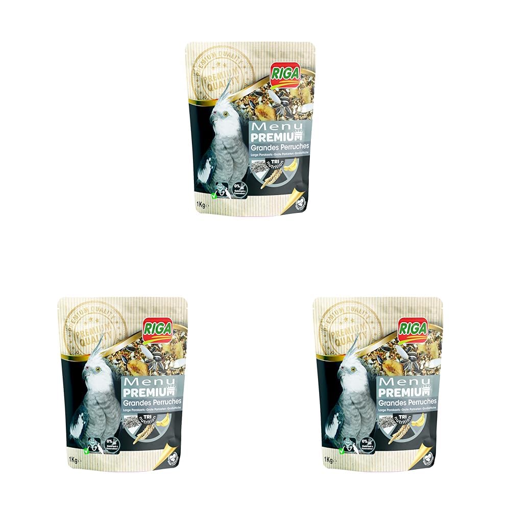 Riga - Menú Premium para Cotorras - Mezcla de Semillas, Cereales y Proteínas Vegetales - Concepto Tri-Nutricional - Ayuda al Funcionamiento Intestinal Óptimo - 1 kg (Paquete de 3)