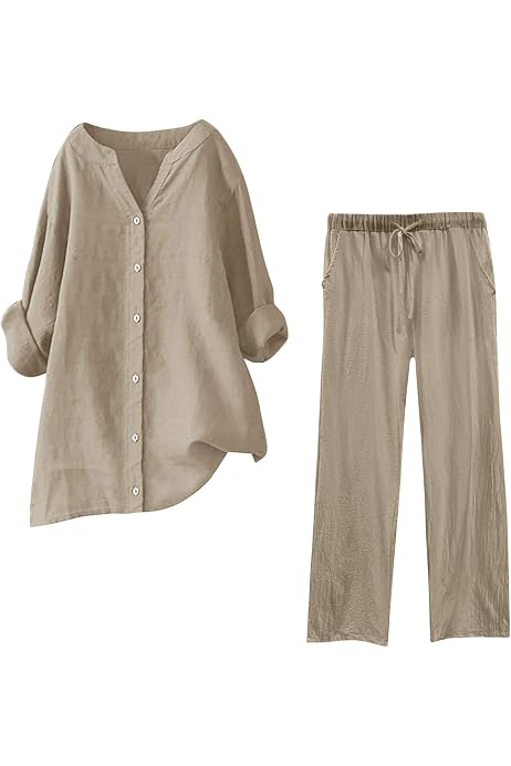 Ensemble Femme Chemisier + Pantalon Jogging - Coton Et Lin, Couleur Unie, Décontracté (printemps/été) - 8